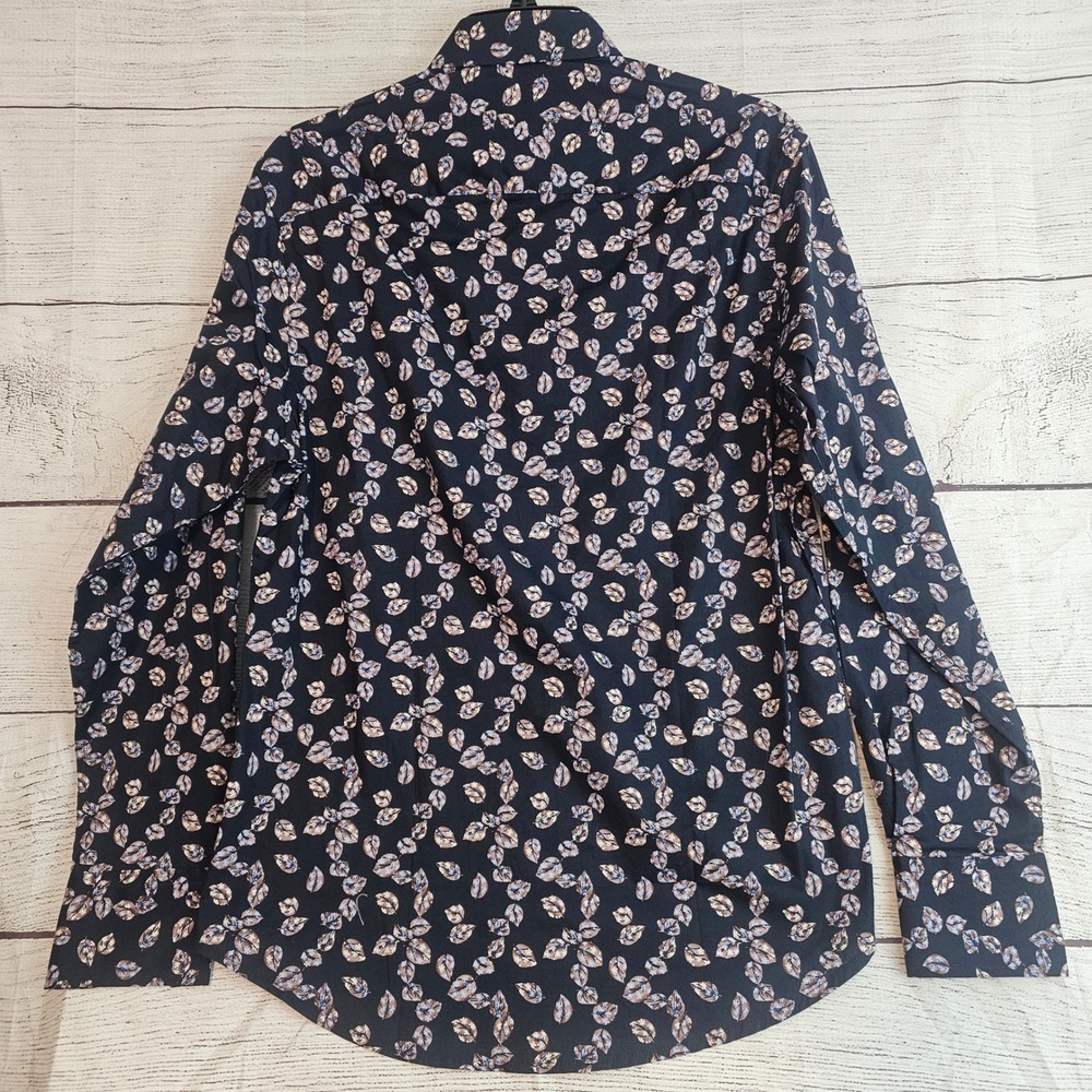 Quieti Stretch Cotton S Small Long Sleeve Navy w/ Leaf Pattern Shirt NWT L975 - Picture 4 of 6